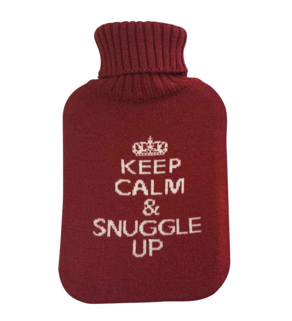 keep calm and snuggle up knitted hot water bottle