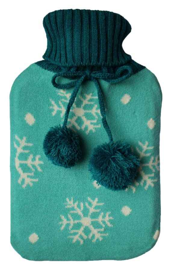 turquoise snowflake knitted hot water bottle