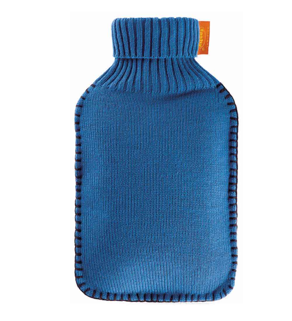 blue knitted hot water bottle covers