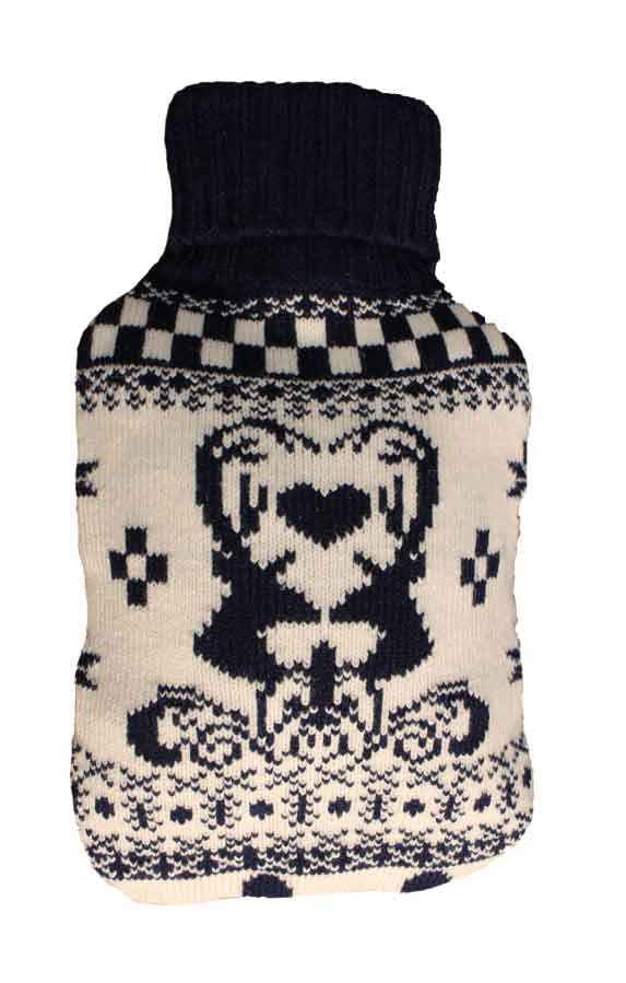 navy pattern knitted hot water bottle