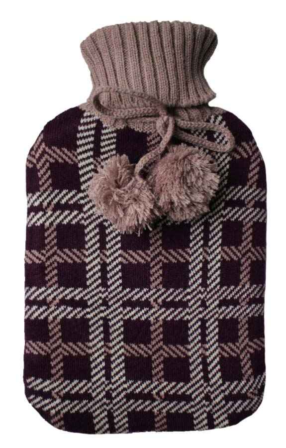 burgundy check knitted hot water bottle