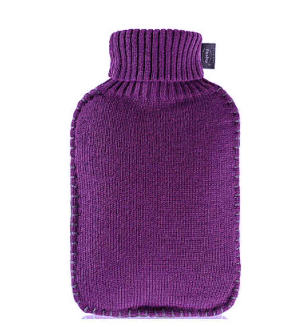 purple knitted hot water bottle