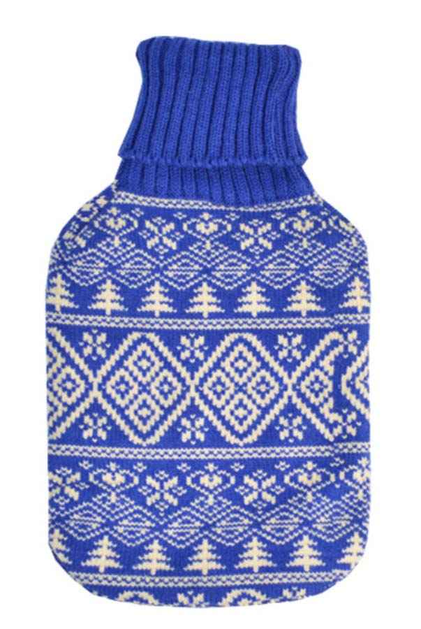 blue fair isle knitted hot water bottle cover