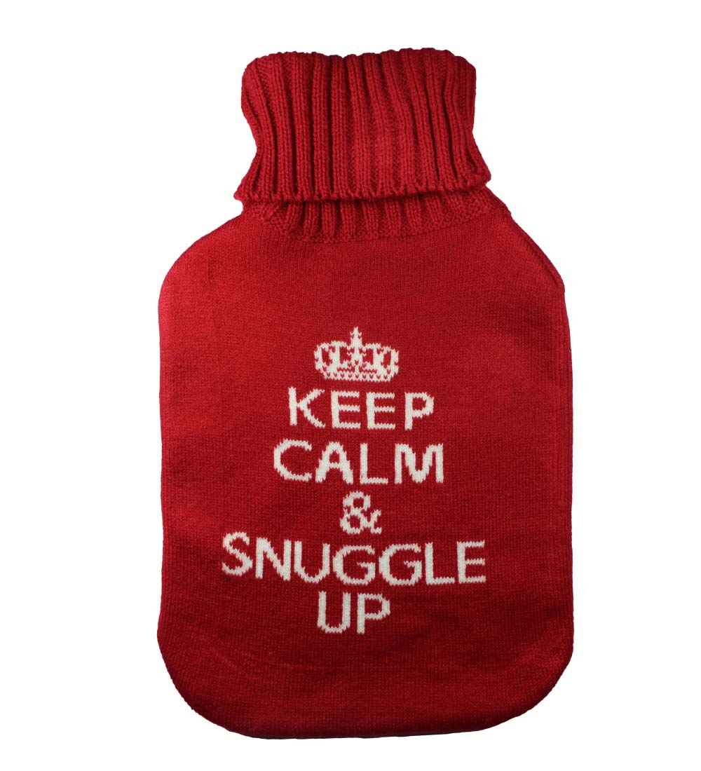 keep calm and snuggle up knitted hot water bottle cover